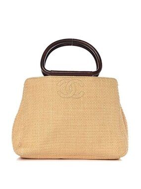 Chanel Vintage Raffia Tote Woven Straw Shoulder Bag Wooden Ring Beige